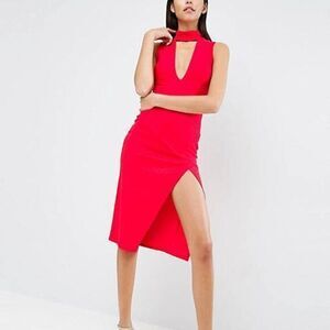 ASOS Choker Bandage Plunge Midi Dress Red Womens Size‎ 2 Cutout Front Sleeveless